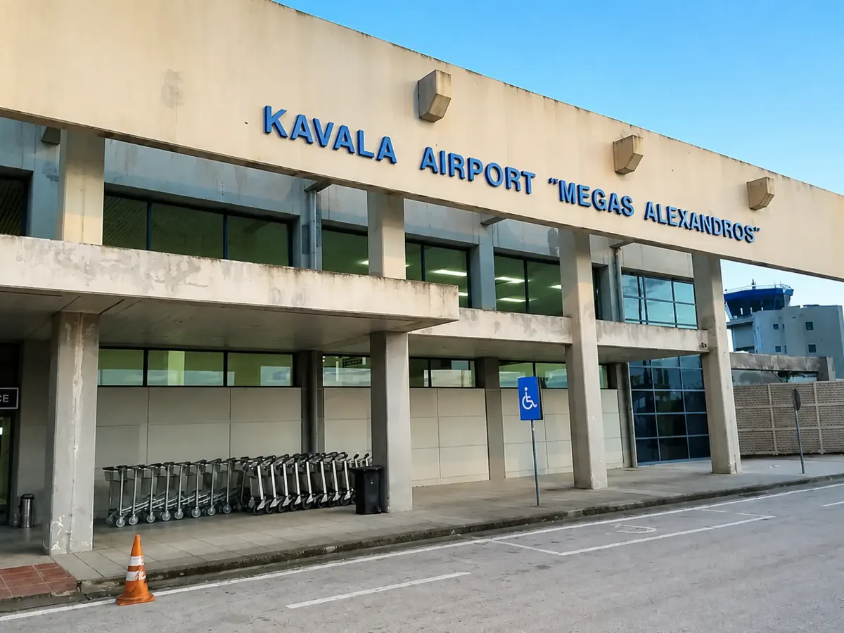 Terminal entrance of Kavala Airport Megas Alexandros, about 21 km from Néa Karváli